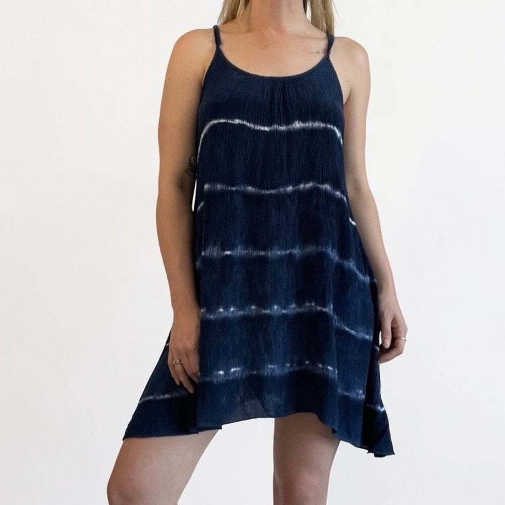 Navy Blue & White Tie Dye Striped Mini Dress